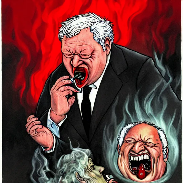 Image similar to boris yeltsin pours lead into the mouth of a sinner in hell, scary art in color