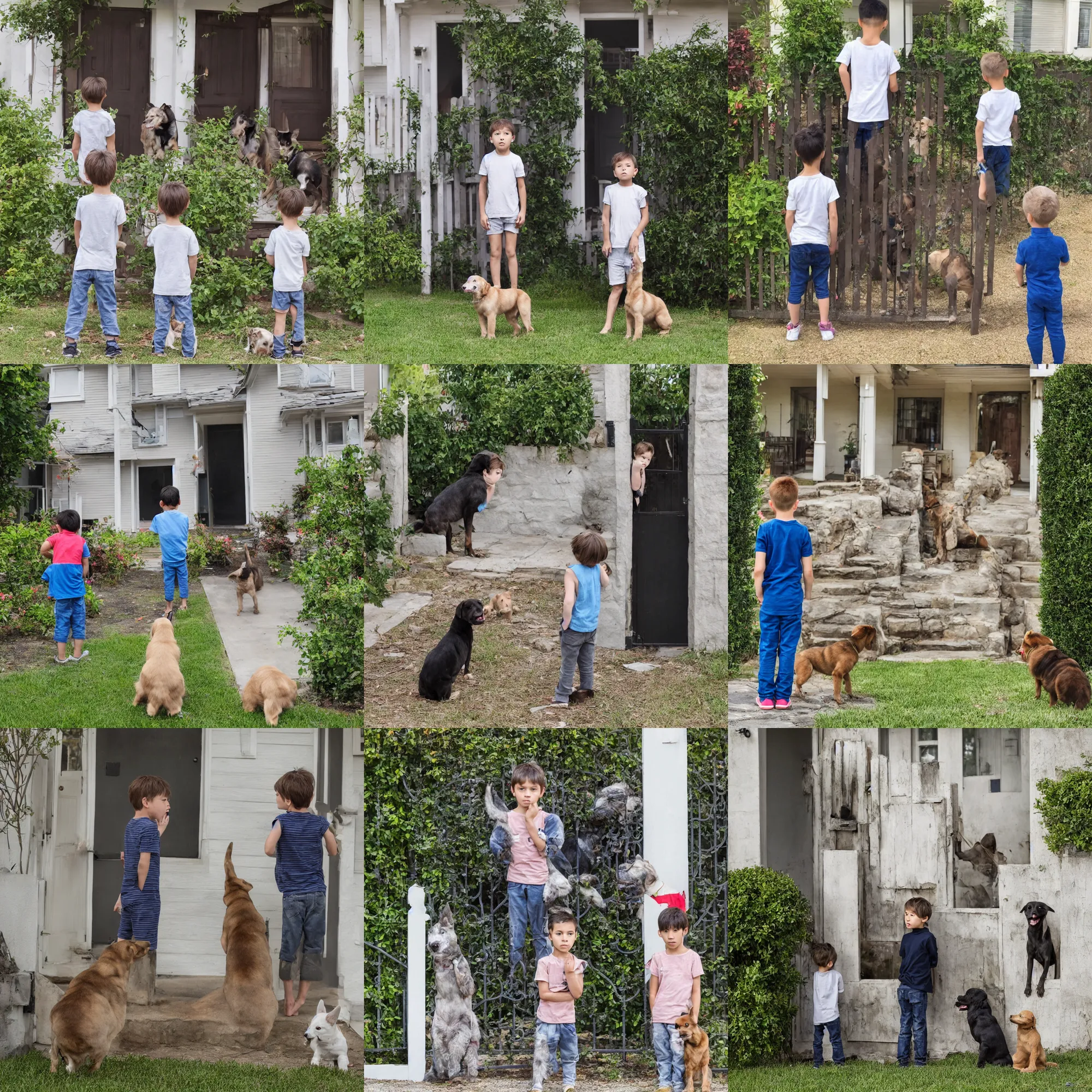 Prompt: calm kid calmly standing in front of a house while staring at a very angry dog behind the front gate. the dog is growling and barking so loud that it looks like a monster