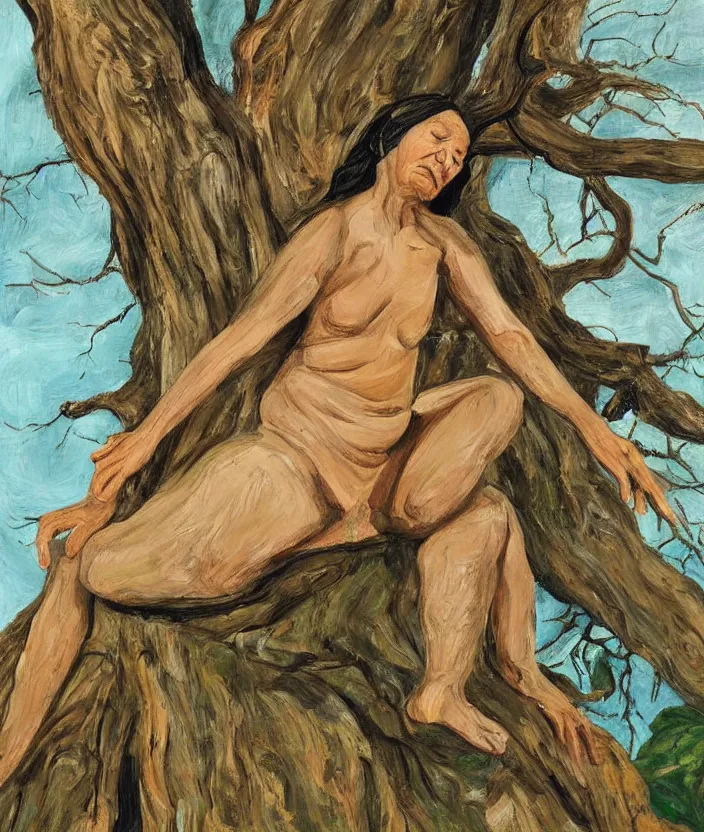 Image similar to indigenous woman on top of a tree, painted by lucian freud, hd, super detailed, realistic, muted colors