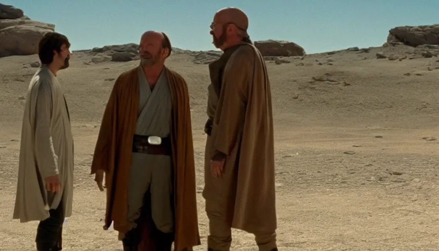 Image similar to screenshot from the lost star wars film, the lost jedi, scene of saul goodman talking to walter white, iconic scene from star wars, directed by stanely kubrick, moody cinematography, with anamorphic lenses, crisp, detailed, 4 k