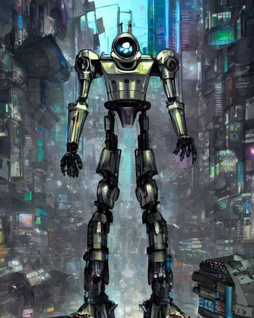 Image similar to mecha version of the tinman from the wizard of oz, danguiz, cyberpunk city street background