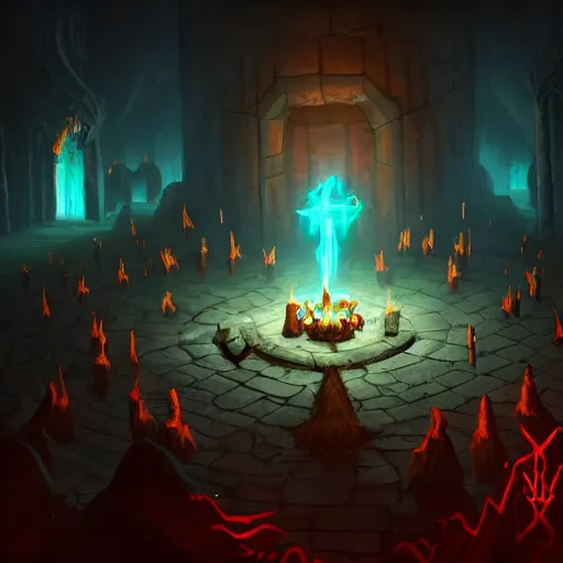 Prompt: a dark vile dungeon, dim magical torches glowing on walls, a lone necromancer casting a summoning spell in the middle of a magical runic circle, detailed fantasy concept art by leif heanzo