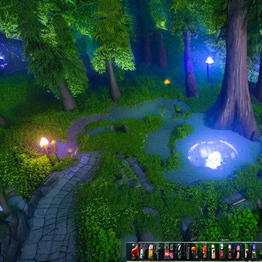 Image similar to incredible game level design, isometric view, lothlorien, trees, lights, fantasy, 8k, unreal engine