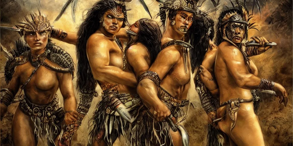 Prompt: movie, ancient Battlefield, beautiful brutal aztec and Amazonian females fight, epic, vintage, blood, slight inspiration of Boris vallejo and apocalypto