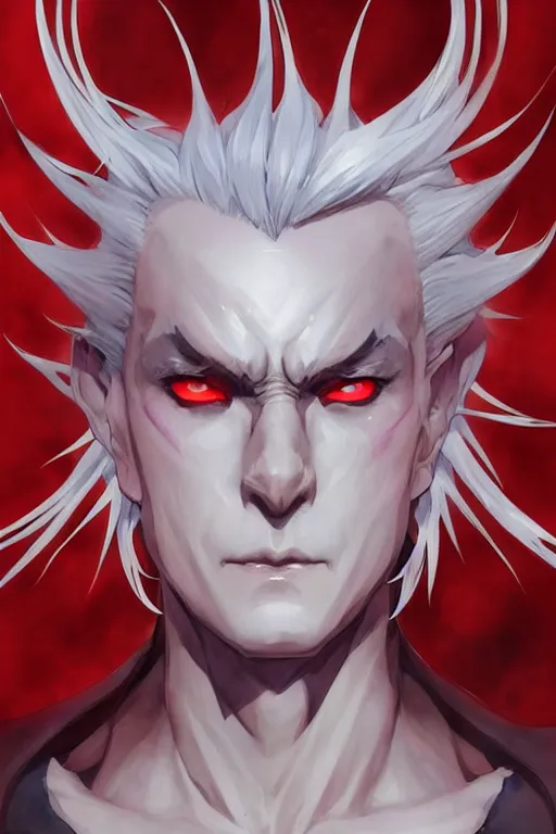 Image similar to Portrait of a young, evil anime villain with white hair and red eyes, full of details, watercolor painting, concept art, smooth, by Ina Wong and wlop ，trending on cgsociety and artstation，8kHDR，light effect