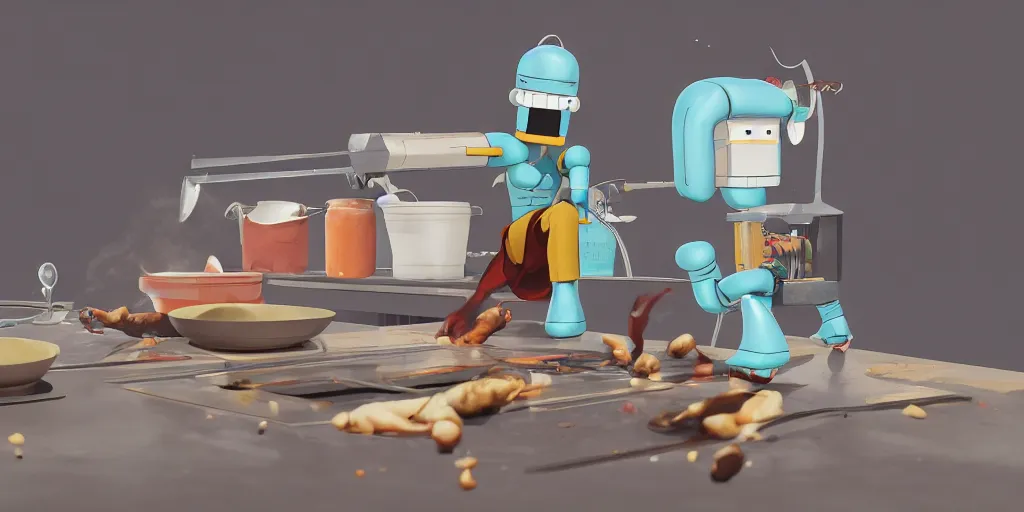 Image similar to bender bending rodriguez cooking delicious food, 3 d render, highly detailed, artstation