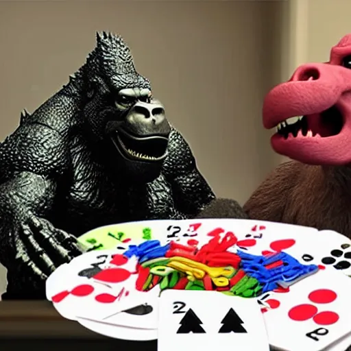 Image similar to godzilla and kong playing uno