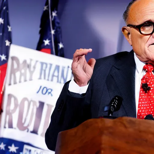 Prompt: Rudy Giuliani giving a press conference in a dump