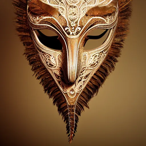 Image similar to an elaborate intricate mask made of feathers in swirling wind, rendered in octane, behance hd, bokeh backdrop