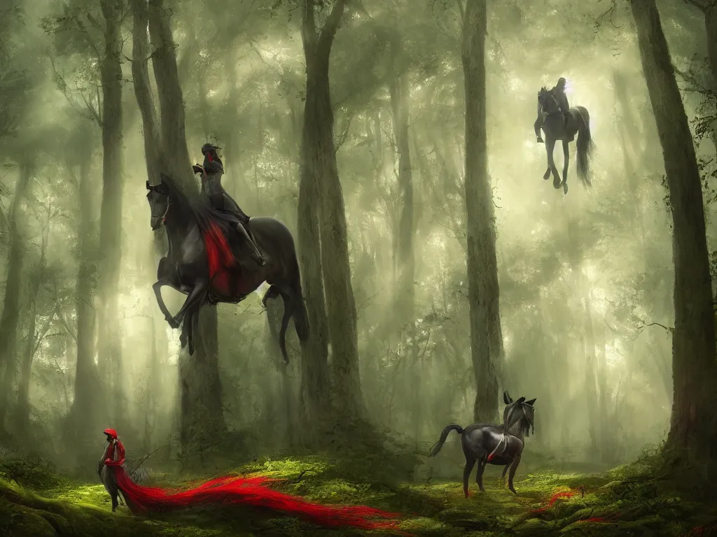 Image similar to a female beauty wearing a red cap rides through a dense green oak and beech forrest on a strong black horse, rays of life, cinematic, fantasy art, moody evening light, foggy, cryengine, trending on artstation, by esao andrews, by cynthia sheppard, by naoto hatori, by tyler jacobson