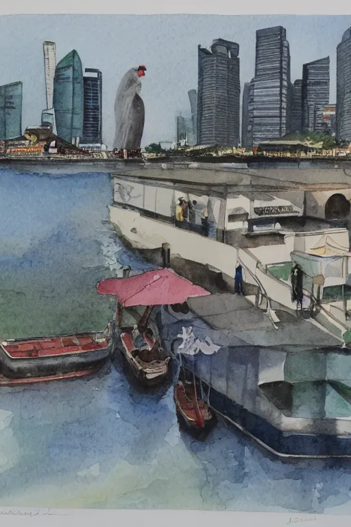 Prompt: a watercolor depicting singapore river boat quay with statue of raffles, gloomy weather, high contrast, smooth, by joseph zbikowicz, 8 k