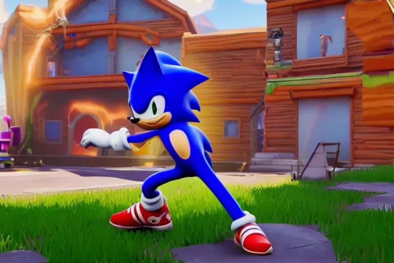 Image similar to sonic dancing in fortnite, gameplay