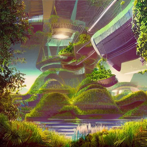 Image similar to beautiful happy picturesque charming organic futuristic sci - fi town in harmony with nature. water and plants. beautiful light. grainy and rough. soft colour scheme. beautiful artistic vector graphic design printed matter by lurid. ( 2 0 2 2 )