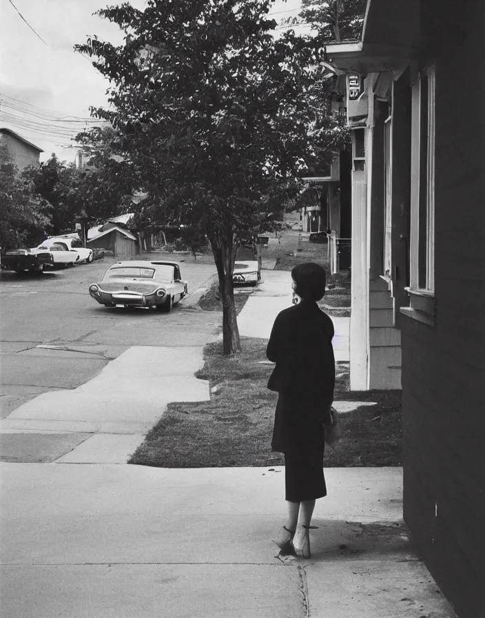 Image similar to “ 1 9 6 0 s quiet american neighborhood, a woman waiting ”