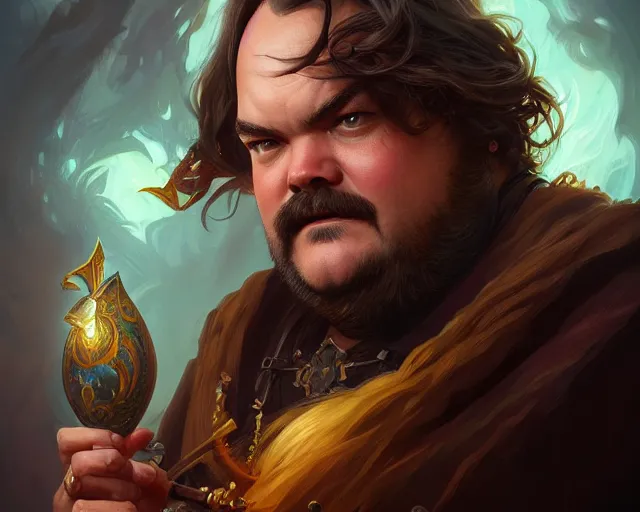 Image similar to photography of jack black, deep focus, d & d, fantasy, intricate, elegant, highly detailed, digital painting, artstation, concept art, matte, sharp focus, illustration, hearthstone, art by artgerm and greg rutkowski and alphonse mucha