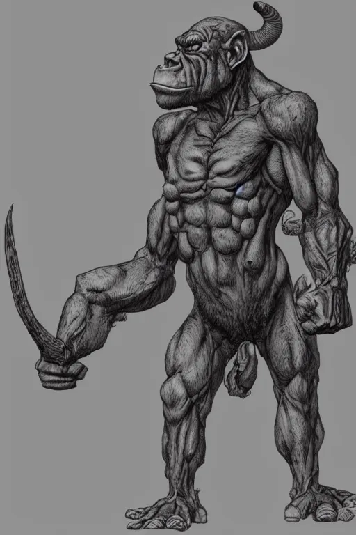 Image similar to humanoid hunched figure troll with 1 horn, ogre, ape, highly detailed, digital art, sharp focus, trending on art station, kentaro miura manga art style