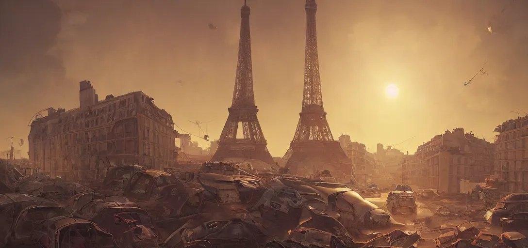 Prompt: Fallout in Paris, painting by Mike Winkelmann