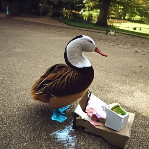 Image similar to programmer's duck sitting before computer after long night of debugging code, sad, drinking, kodak photo