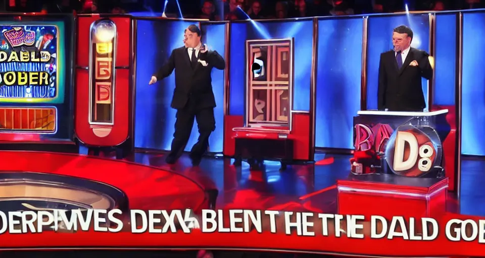 Image similar to deal or no deal game show, contestant opens briefcase and finds a hamburger