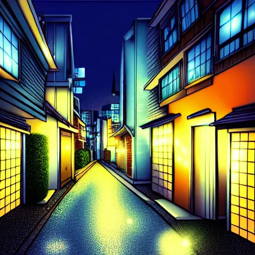 Image similar to anime tokyo residential quiet street scenery only wallpaper, night time scene, aesthetic, beautiful, hyper realistic