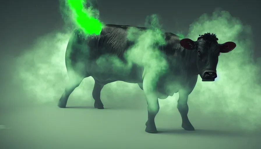 Image similar to mutant cow, green smoke, green light, dark background, horror, hyperdetailed, artstation, cgsociety, 8 k