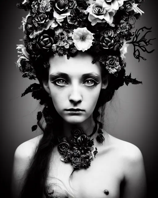 Image similar to a black and white high quality dreamy photo of a young beautiful female queen-pale dragon-vegetal-many big steampunk flowers-cyborg bust with a very long neck, elegant, highly detailed, poetic, soft, dreamy, mysterious, high fashion, in the style of Diane Arbus, Realistic, Refined, Digital Art, Highly Detailed, Cinematic Lighting, rim light, black and white, photo-realistic, 8K