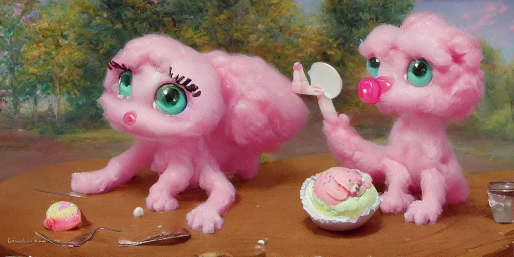 Prompt: bubble gum ice cream made in the shape of 3 d littlest pet shop poodle, realistic, melting, soft painting, forest, desserts, ice cream, master painter and art style of noel coypel, art of emile eisman - semenowsky, art of edouard bisson