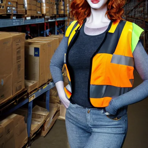 Image similar to photo, close up, christina hendricks in a hi vis vest, in warehouse, android cameraphone, 2 6 mm,