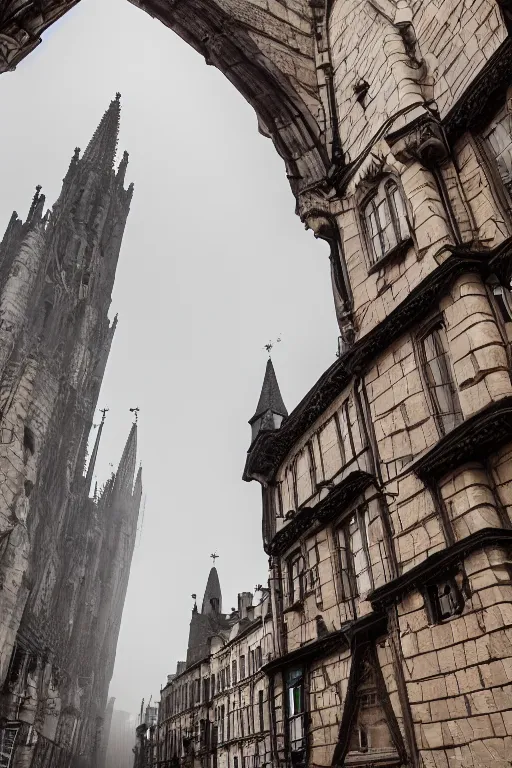 Image similar to a photo of a sprawling, medieval market in a huge city of large stonebuildings, tall towers and spires. Early morning, low hanging mist. Low camera angle. Wide lens.