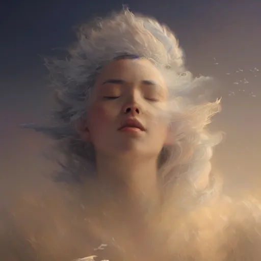 Prompt: a beautiful portrait of a cloud goddess with numerous tiny birds flying in the background and closed eyes, galaxy theme, ultra realistic digital art by Greg Rutkowski and Raymond Swanland, Trending on Artstation, ultra realistic digital art, ultra realistic digital art