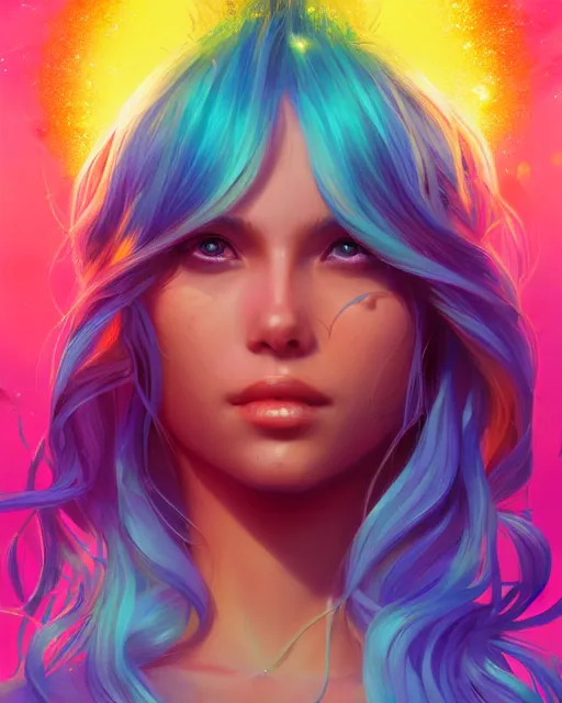 Image similar to summer vibes, beautiful sun tanned goddess portrait, flowy rainbow hair, sun, summer, cinematic lighting, highly detailed, digital painting, trending on artstation, pixiv, concept art, sharp focus, illustration, art by ross tran and wlop