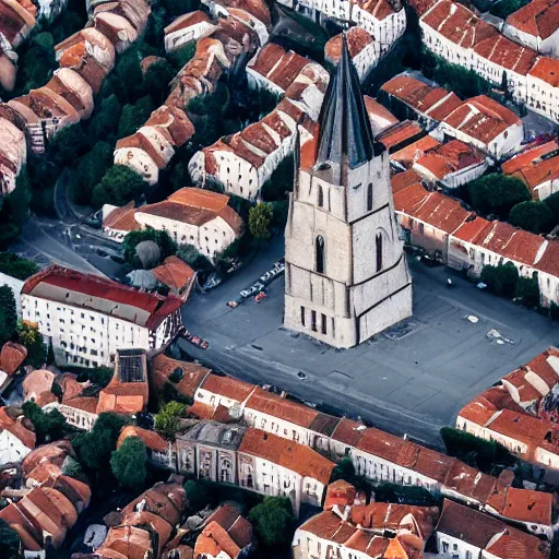 Prompt: an aerial photograph of an 800 meter high church in a medieval city