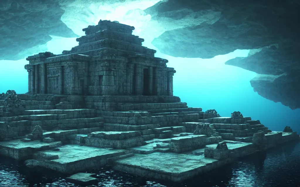 Image similar to ultrawide shot of submerged pre - incan temple, anime style mixed with fujifilm, dark, underwater, symmetrical, bubbles, abyss, dark, murky, foggy, atmospheric, crepuscular rays, artstation, cgsociety, octane render, cgi, unreal engine 5, denoise, detailed, cinematic masterpiece