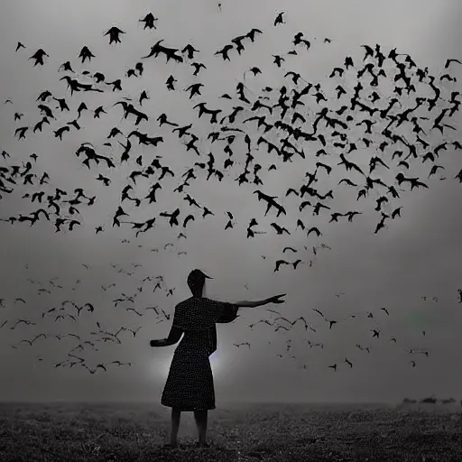 Prompt: swarm of bats in the shape of a woman, high resolution photograph, dawn light