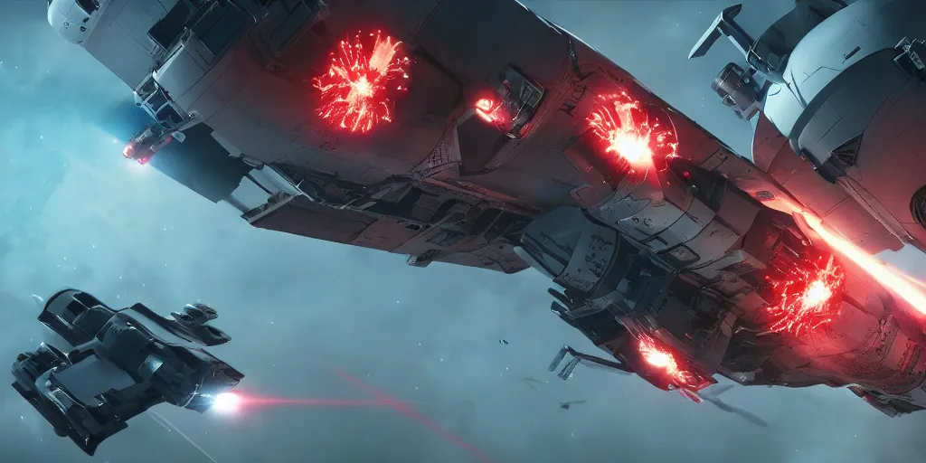 Prompt: dramtic spacecraft battle scene, sci-fi movie shot, ultra detailed, octane render, laser fire and explosions, 8k