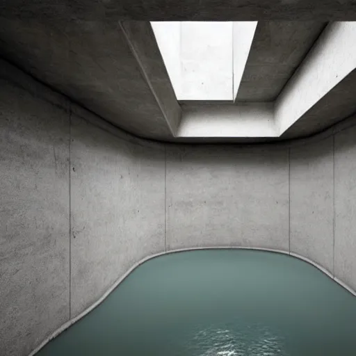 Prompt: underground concrete structure, minimalist architecture, surreal, liminal space, angled walls, high ceiling, flooded,