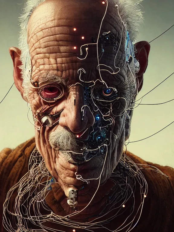 Image similar to portrait of old man, skin peeling to reveal robotic circuitry, wires, art by ryo shiotani and greg rutkowski, intricate, beautiful, portrait photography, cinematic lighting, vintage art by serge ivanoff, high resolution, very detailed