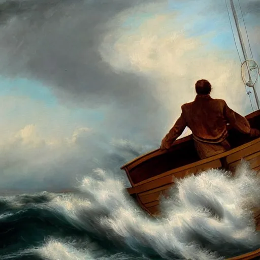 Prompt: stunning painting of a man holding the wheel on a schooner ship during a strong storm