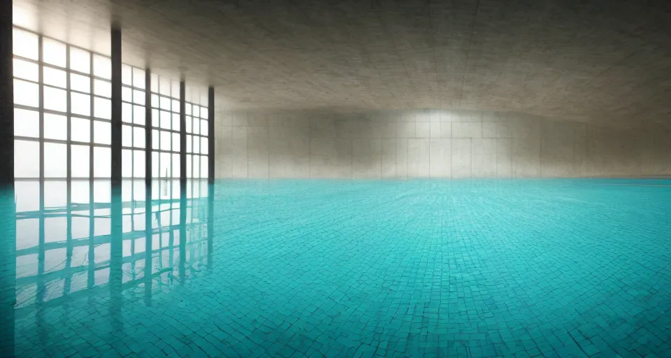 Image similar to Inside a Empty Pool that's inside a Dark Room with Sunlight coming Through a Window