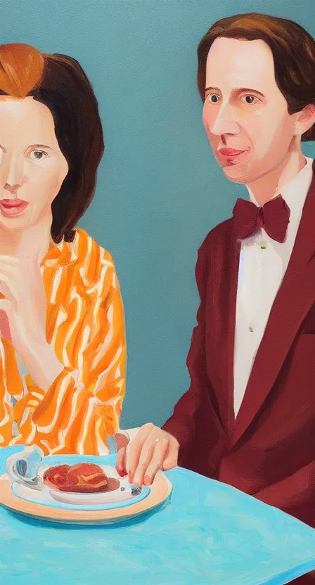 Image similar to creamy, delicious painting, portrait of a couple on a date, by wes anderson