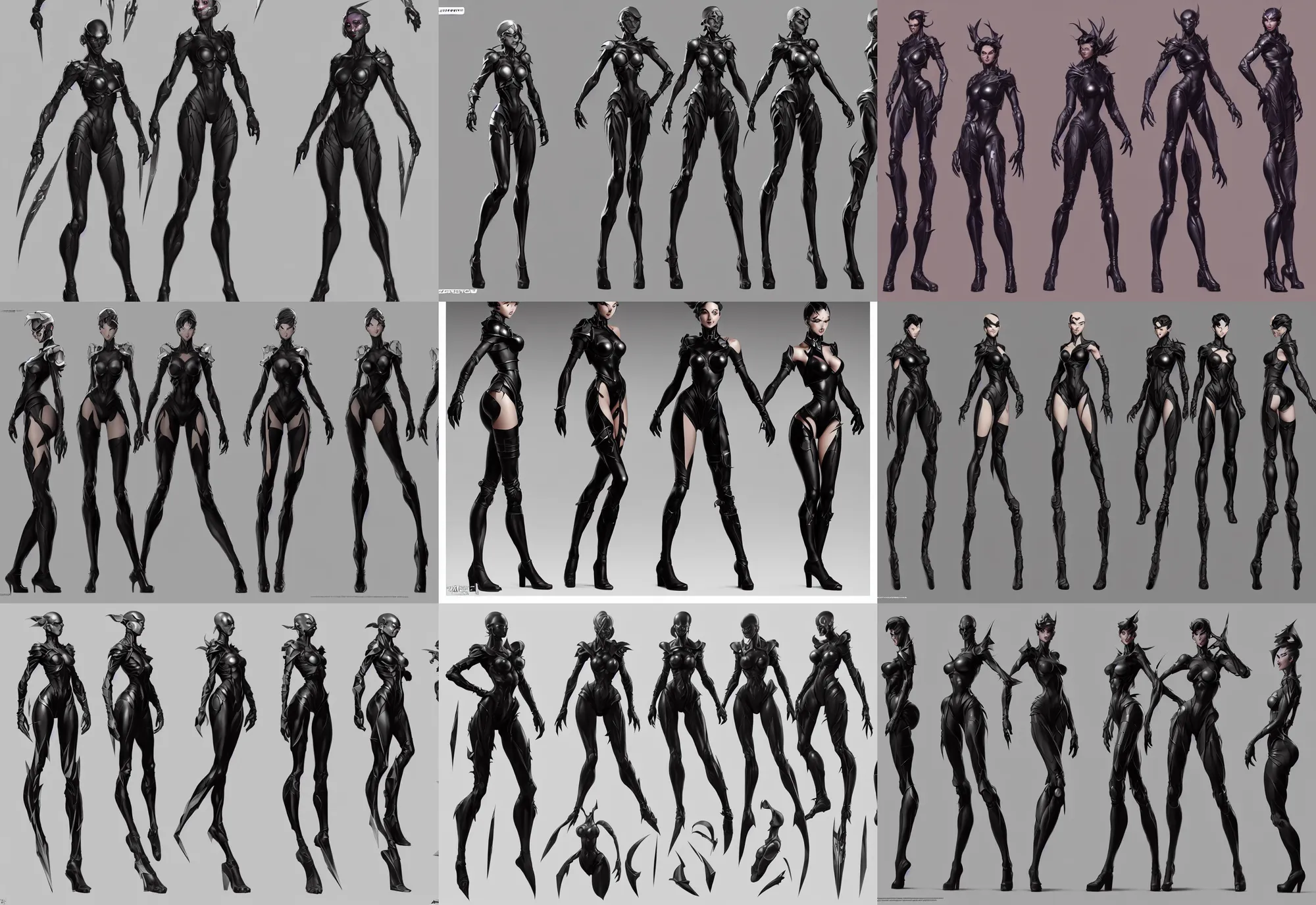 Prompt: three views cartoon character design by artgerm, cushart krenz, zeronis, donato giancola and greg rutkowski. sci - fi weapon. black tape project show attctive showgirl!! full body with future head set!! sharp edge. ultra clear detailed. contour light effect!! 8 k. stage light. octane render.