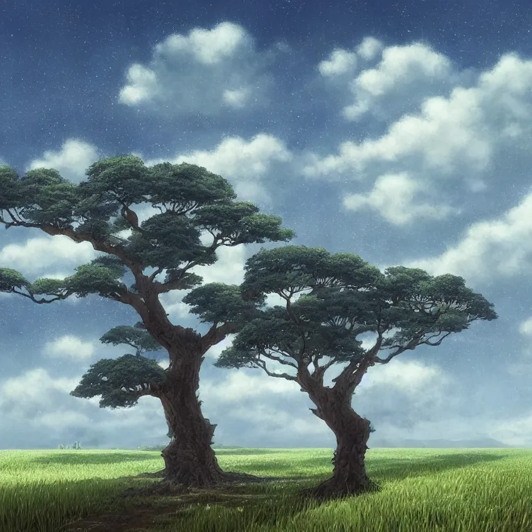 Prompt: a giant tree in a field with a sky background, a detailed matte painting by kaii higashiyama, cgsociety, sosaku - hanga, matte painting, anime, concept art