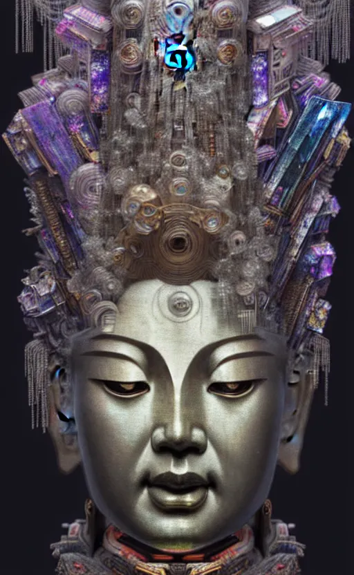 Prompt: thousand - handed guanyin from chinese mythology, ghost, gorgeous and huge head ornaments, dystopian, cyberpunk, mecha, halfturn portrait of a big crystal face made of crystals half - turn, ominous, intricate, studio, art by anthony macbain + greg rutkowski + alphonse mucha, concept art, 4 k, sharp focus