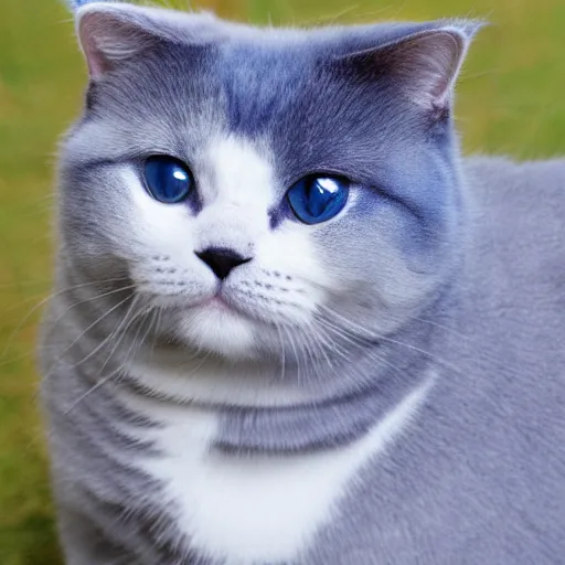 Prompt: Scottish Fold crossbreed with a Blue Russian Cat, Photo