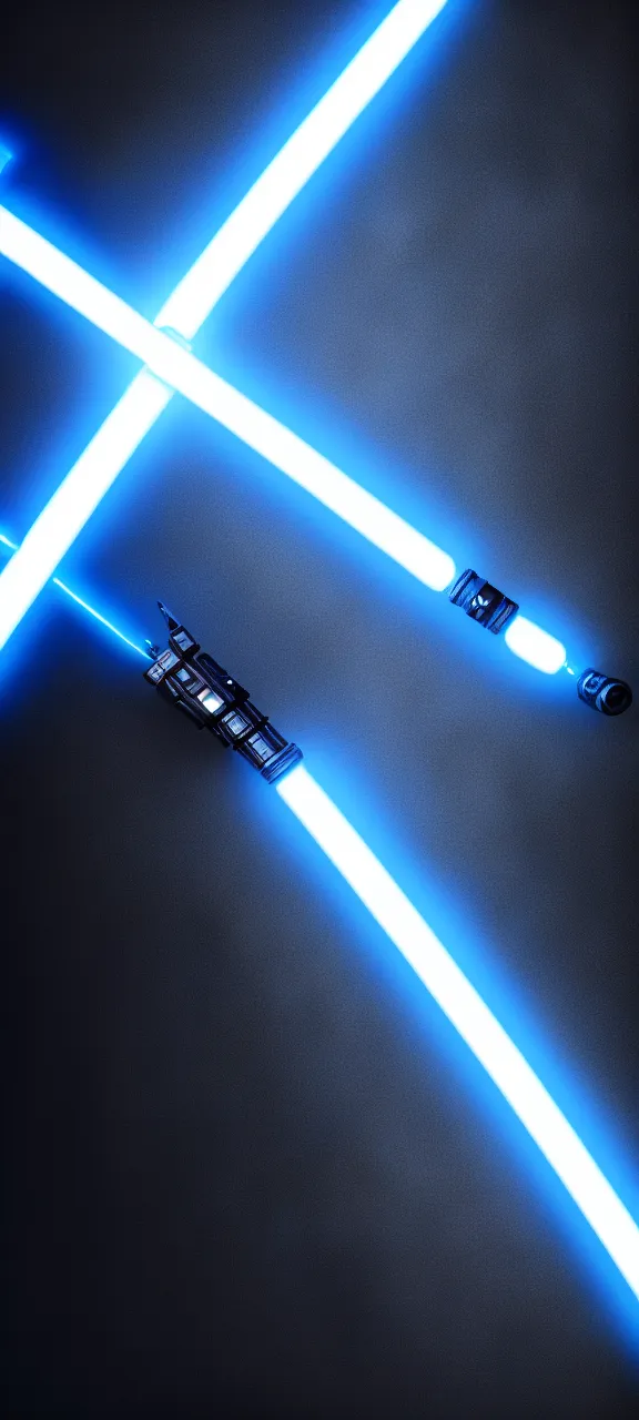 Image similar to detailed cinematic render, of a blue cyberpunk lightsaber lying vertically on a glossy black floor, in a dark room, photo from above, octane render 8 k, digital art, lightsaber wallpaper 4 k, ray tracing, jedi fallen order lightsaber wallpaper 4 k, cal kestis lightsaber wallpaper