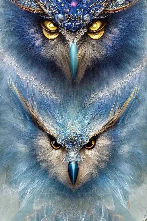 Image similar to a beautiful closeup shot from a fantasy film of a humanoid iridescent blue owlbear wearing a loose tunic. an anthropomorphic owlbear. fantasy, frown, intricate, elegant, highly detailed, digital painting, artstation, concept art, matte, sharp focus, illustration, art by artgerm and greg rutkowski and alphonse mucha