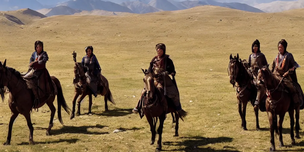 Prompt: Scythian women archers on horseback, riding along the Alai–Western Tian Shan steppe, mountains in the background, still from a movie, cinematic, 4K