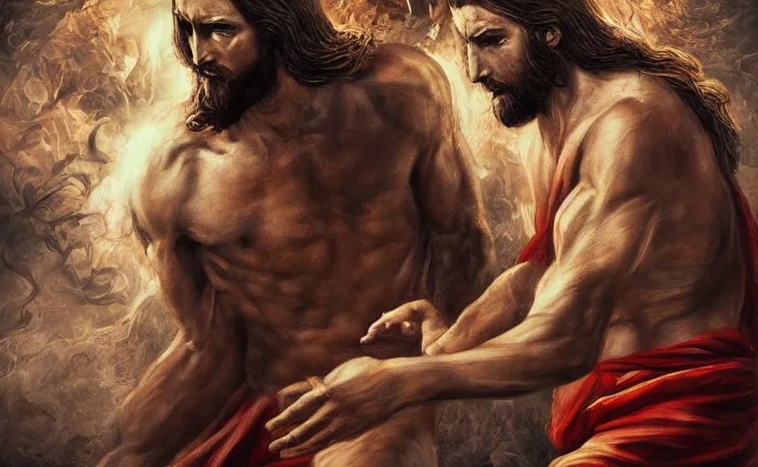 Prompt: Jesus Christ fighting Lucifer, detailed face, digital art,ultra realistic,ultra detailed, ultra wide Lens