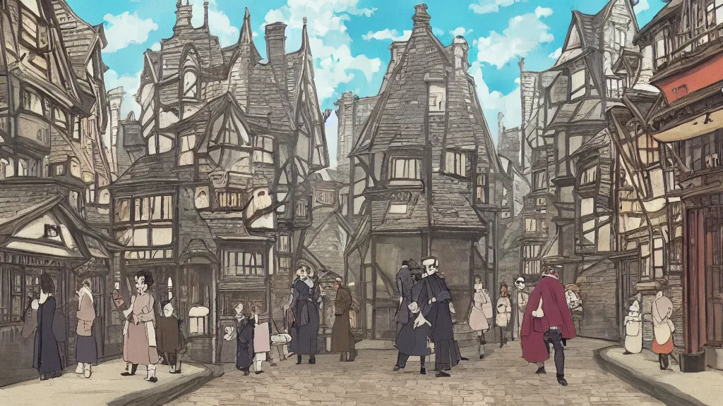 Image similar to victorian london, anime background, interior, gouache, hand painted, in the style of kazuo oga, studio ghibli