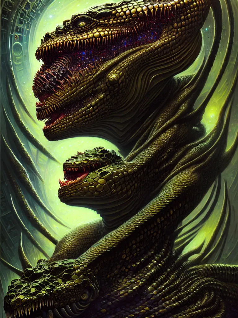 Prompt: cinematic fullbody portrait. complex hyper-maximalist overdetailed cinematic cosmic scifi portrait of an elegant very attractive but wild and dangerous reptilian goddess by andrei riabovitchev, tomasz alen kopera, oleksandra shchaslyva. Omnious intricate. Secessionist portrait illustration. Poison goddes. Focus on face. Artstation. Deviantart. 8k 4k 64megapixel. Rendered by binx.ly.